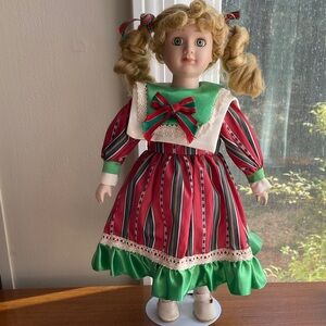 Vintage 90s porcelain head / cloth body Charming Red and Green Doll with Bow